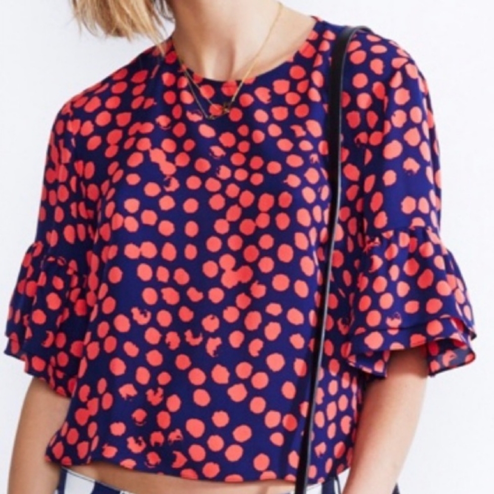 Rebecca Minkoff Coral & Blue Dot Print Crop Silk Blouse Flared Sleeves Preppy L